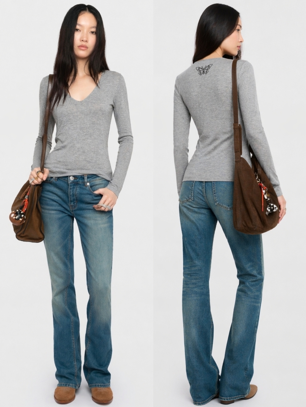 Zadig & Voltaire Gray Cashmere Silk Rhinestone Butterfly Long Sleeve Top